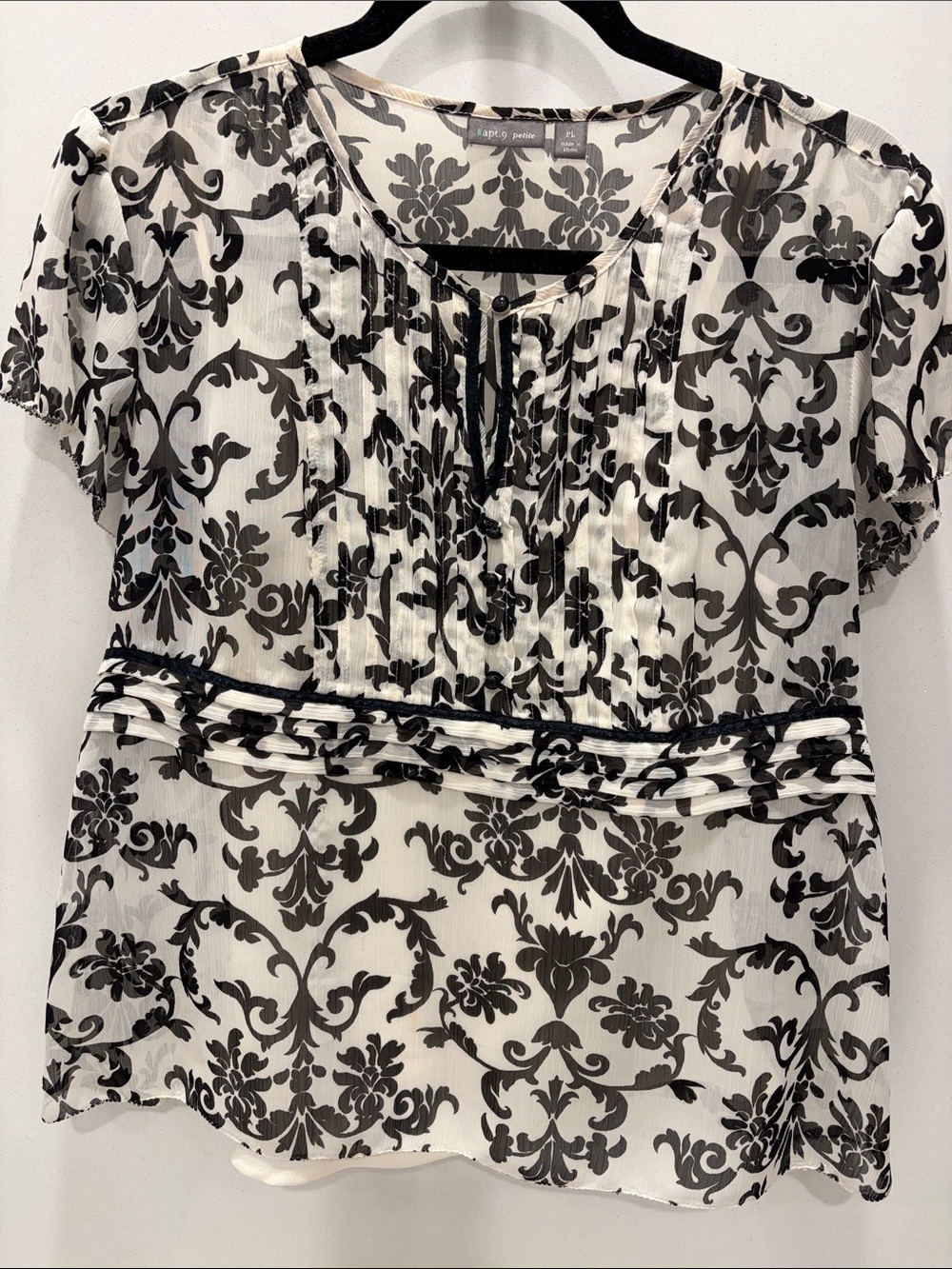 Petite Sophisticate Black and White Floral Print Blouse